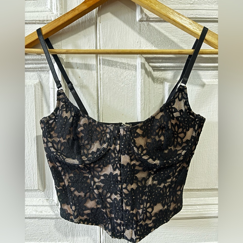 White Fox Lace Corset Bustier Top Black Nude Size S